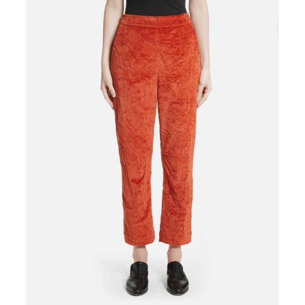 Isa Arfen Crushed‎ Velvet Pants US 6 UK 10 Orange Slim Ankle High Rise Chic
